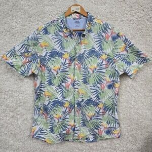 IZOD Saltwater Shirt Mens XL Blue‎ Green Tropical Bird of Paradise Button Down